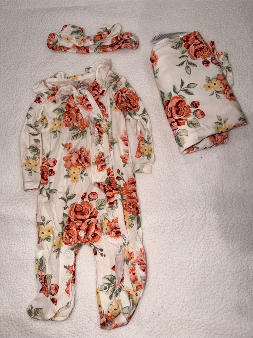 Floral Baby onsie with Headband and Blanket Set